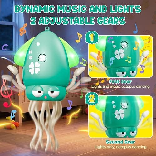 Dancing Octopus Toy for Babies, Electric Crawling Squid Toy with Music & Lights, Fishing Rod & Avoidance Sensor, Tummy Time Toys Baby Toys for 1 2 3 Years Old, Green thumbnail 3