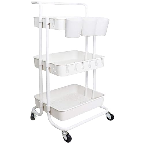 Freletry 3 Tier Rolling Utility Cart Multifunction Storage Organizer Shelf Rack with Lockable Wheels 3PCS Cups and 8PCS Hooks for Home Office Kitchen Bathroom Store (White) - Image 1