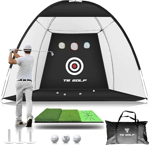 TS Golf- Golf Practice Net - 10x7ft - XL Tri-Turf Golf driving net and Mat, 3 Balls, 3 Rubber Tees, Carry Bag, golf nets for backyard driving - Image 1