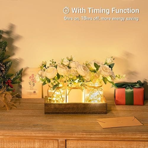 Mkono Mason Jar Lights Centerpiece Table Decor for Dining Room Farmhouse Wood Tray with 3 Jars Flowers Thanksgiving Decoration for Coffee Table Kitchen Living Room Wedding thumbnail 4