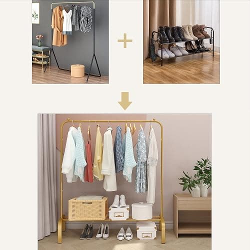 JIUYOTREE Metal 43.3 Inches Garment Rack with Bottom Shelf Clothing Rack for Hanging Clothes Coats Skirts Shirts Sweaters Gold - Gold - no wheel thumbnail 6