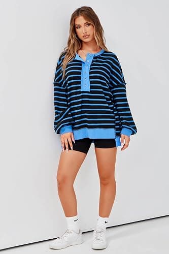 Tankaneo Womens Oversized Striped Sweatshirts Henley Shirts Color Block Casual Pullover Waffle Knit Tops thumbnail 6