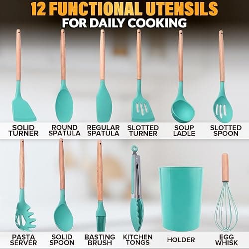 12 Pcs Cooking Kitchen Accessories Set with Holder, Silicone Heads (Teal) | Teal Kitchen Utensils Set for Cooking and Baking; Wooden Handles; Heat-Resistant up to 446°F; Non-Scratch for Nonstick Pans thumbnail 2