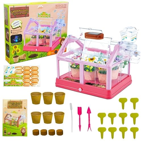 EXBEPE Kids Plant Growing Kit Greenhouse Growing Set Terrarium Kit Kids Science Educational DIY Plant Gardening Toy, Living Greenhouse with Solar Panel, Indoor Gardening Kit - Image 1