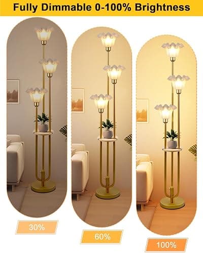 Lightdot Flower Floor Lamp for Living Room, Dimmable Vintage Floor Lamp with Shelf& Bulbs Included, 3 Light Warmwhite Mid Century Gold Floral Standing Tall Lamp for Bedroom/Sofa Beside/Corner Decor thumbnail 2