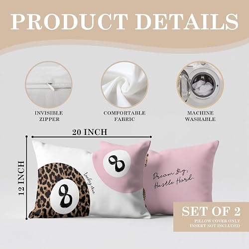 DOFQZ Preppy Pink Leopard Print and 8 Ball Decor Pillow Covers Case 12x20 Set of 2,Funky Coquette Cheetah Y2K Lucky 8 Ball Aesthetic Pillow Covers for Teen Girls Room Dorm Apartment Decor - 01 Color thumbnail 3