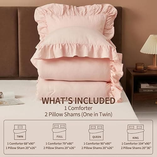 CAROMIO Pink Ruffled Comforter Set Queen Size, 3PCS Soft Washed Microfiber Lightweight & Fluffy All-Season Bedding Comforter with Vintage French Country Style, Pink, 90x90 in thumbnail 6