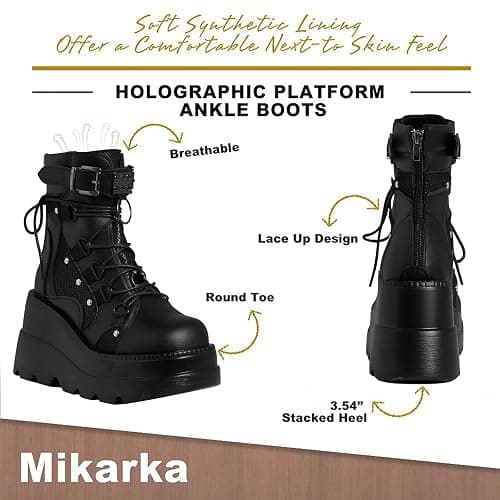 mikarka Holographic Platform Boots for Women, Lace Up Ankle Studded Buckle Goth Stacked Wedge Combat Ankle Boots thumbnail 4