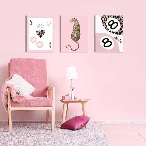 Trendy Leopard Canvas Wall Art Set of 3 - Pink Cheetah Prints Wall Decor Pictures, Funky Lucky You 8 Ball Poster Preppy Aesthetic Paintings, for Girls Bedroom Dorm Apartment 12x16 inch Framed thumbnail 6