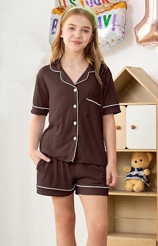 Hupohoi Big Kids Button Down Pajama Sets 2 Pieces Solid Color Sleepwear PJS | Solid Color, Button Down, Unisex Pajama Sets, Teens/Big Kids 6-16 Years, 2pcs Shorts Set, Sleepwear/Gift/Party/Play/Outfit thumbnail 2