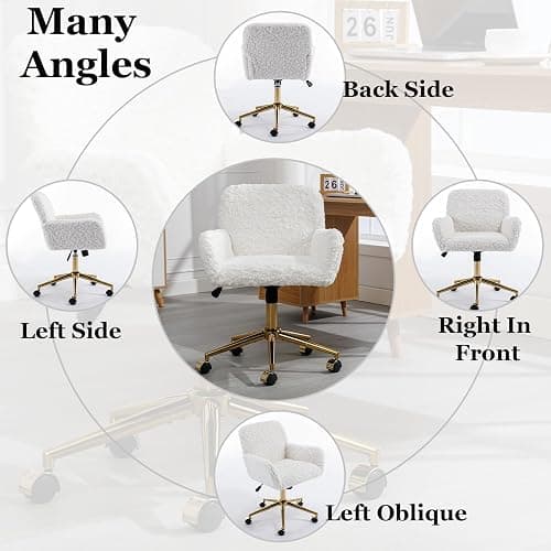 Thctvous Beige Vantiy Desk Chair Comfy, Sherpa Makeup Vanty Chair with Back and Rolling Wheels for Bedroom Home Office,Adjustable High Gold Feet,Artificial Rabbit Hair (Beige) thumbnail 6