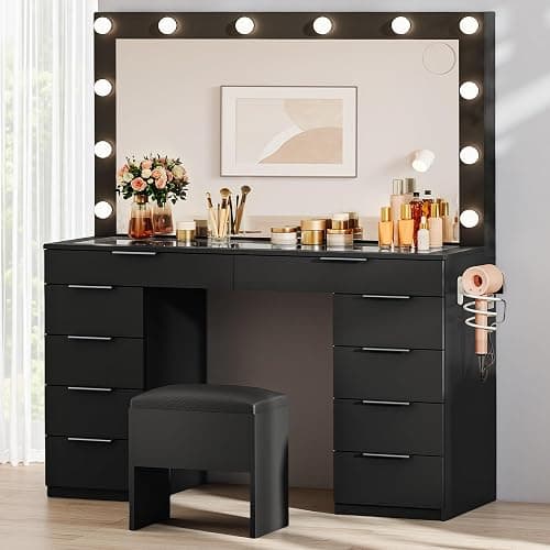 DWVO 46'' Glass Top Vanity Desk with 10 Drawers, Makeup Vanity Set with with Large Mirror and 12 LED Lights, Dressing Table with Charging Station & Storage Chair, 3-Color Light Modes, Black - Image 1