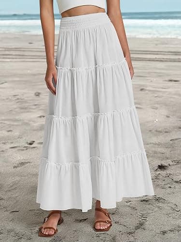 LUXVEER Women’s Summer Boho Maxi Skirts Smocked High Wasited Flowy Tiered Ruffle A Line Long Beach Skirt thumbnail 2