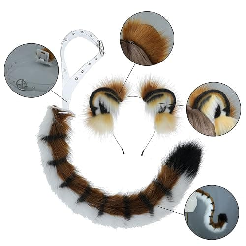JUNBOON Handmade Faux Fur Tiger Ears Headband Long Tail Set for Halloween Cosplay Party Costume Accessories thumbnail 4