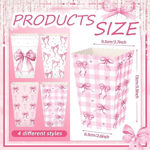 Honeydak 24 Pcs Pink Bow Popcorn Boxes Paper Kraft Popcorn Buckets Pink Container Goodies Candy Boxes for Girls Birthday Galentine Valentine's Day Wedding Bridal Shower Party Decorations thumbnail 4