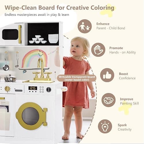 Kinder King Wooden Kids Play Kitchen Set, Cookware Accessories, White | Transparent Coloring Board, Pretend Fridge, Toy Kitchen Playset w/Washing Machine, Realistic Kitchen Sets Gift for Ages 3+ thumbnail 5