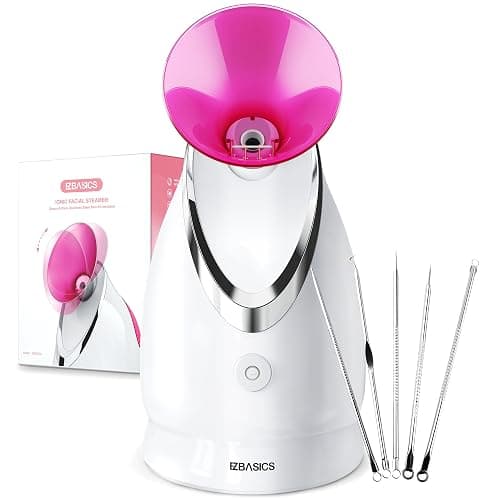 EZBASICS Face Steamer Professional, Nano Ionic Facial Steamer for Pores with Warm Mist Humidifier Atomizer and Sauna Inhaler Spa, 1-Pack + 5-Pack Stainless Steel Skin Kit Pink - Image 1