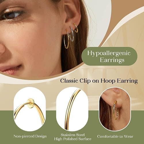 Magitaco 8 Pairs Clip On Hoop Earrings Stainless Steel Clip On Earrings for Women Fake Hoop Earring Spring Hoop Earring For Non-Pierced Ears thumbnail 2