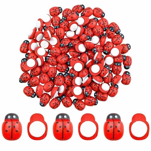 100 Pieces Wooden Ladybugs for Crafts DIY Self-Adhesive Mini Ladybugs Tiny Ladybug Decoration for Craft Scrapbooking Micro Landscape Party Home Garden Decor Flatback Wood Ladybugs Embellishments (Red) - Image 1