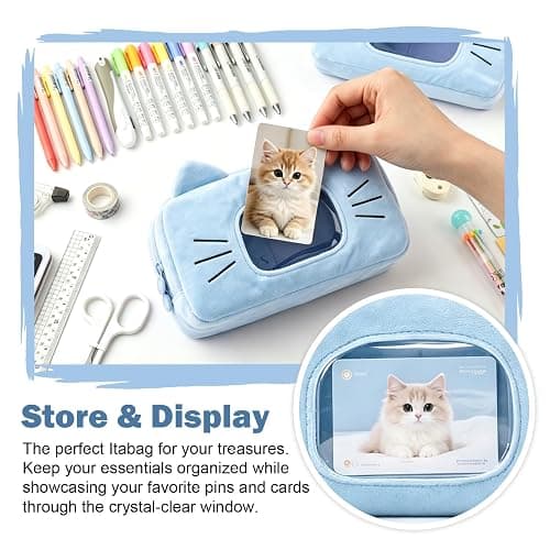 EASTHILL Cute Cat Plush Pencil Case with Clear Display Window, Large Capacity Kawaii Pencil Pouch for Girls Teens, Aesthetic Soft Fluffy Cat Ear Stationery Bag for School Office Travel-Blue thumbnail 4