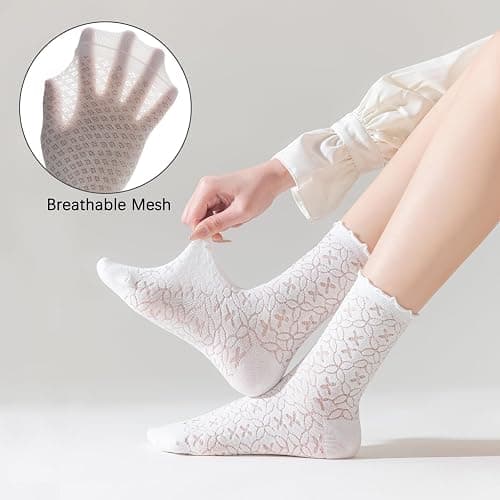 Mcool Mary Women's Ruffle Socks Mesh Casual Lace Cotton Ankle Ultra Thin Frilly Crew Socks for Women 6 Pairs thumbnail 4