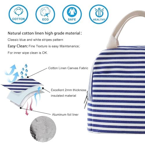 EurCross Blue and White Stripes Lunch Bag Women,Cooler Tote Bag Insulated Lunch Bento Box Bag, Canvas Portable Tote Thermal Bag for Adult Women and Men for Work thumbnail 3