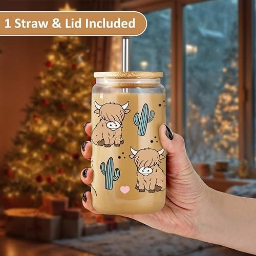 LEADO Highland Cow Cup, Cute Coffee Mug, 16 oz Glass Cups with Lids and Straws - Highland Cow Gifts for Women, Girls, Mom - Christmas, Birthday Gifts for Coffee Lovers Women, Cowgirls, Cute Stuff thumbnail 2