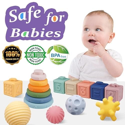 Montessori Toys for Babies,Soft Stacking Building Blocks Rings Balls Sets,3 in 1 Baby Toy Bundle,Sensory Toy for 6-12 Months, Soft Teething Toys,Baby Easter Basket Birthday Gifts for Boy Girl thumbnail 2