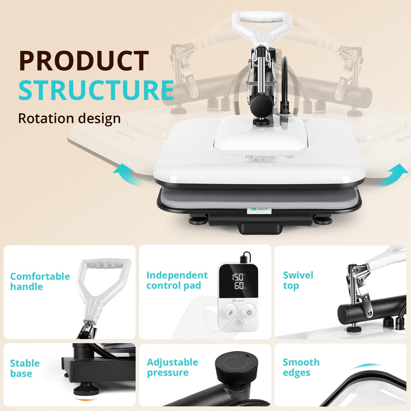 LOKLIK Heat Press Machine for T Shirts - Swing Away15x15 Heat Press Machine - Professional Heat Press for Sublimation, Vinyl, Heat Transfer Projects, Heats Up Fast & Distribute Heat Evenly (White) thumbnail 6