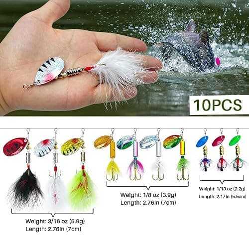 FouceClaus 10pcs Spinner Lures Baits with Tackle Box, Bass Trout Salmon Hard Metal Rooster Tail Fishing Lures Kit thumbnail 2