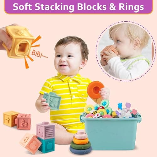 Baby Toys for 6 to 12 Months, Montessori Sensory Bins Toys for Toddlers 1-3, Pull String Teether Infants Bath Toys 6 in 1 Stacking Blocks Rings, Matching Eggs, Suction Cup Spinner Toy thumbnail 2