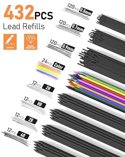 Four Candies 25PCS Art Mechanical Pencil Set with Case, 3PCS Metal Artist Lead Pencil 0.5, 0.7, 0.9 mm & 3PCS 2mm Holder (HB 2H 2B 4B Color) with 432PCS Graphite Lead Refills for Drawing Sketching thumbnail 2
