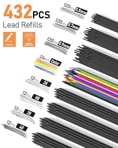 Four Candies 25PCS Art Mechanical Pencil Set with Case, 3PCS Metal Lead Pencil 0.5, 0.7, 0.9 mm & 3PCS 2mm Holder (HB 2H 2B 4B Color) with 432PCS HB Leads Christmas Gifts for Teen Artist Drawing thumbnail 3