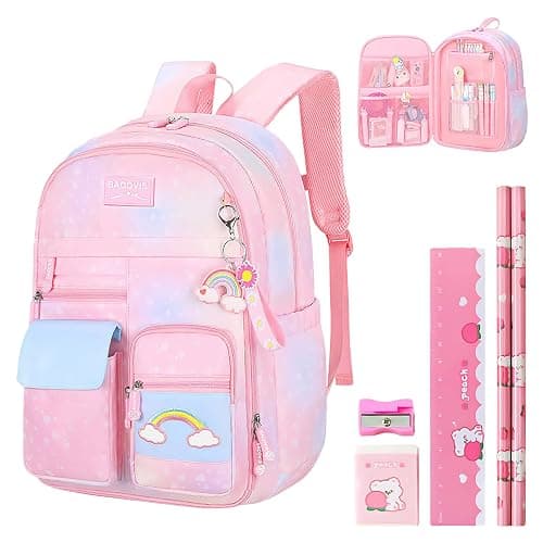 Aedcbaide School Bags for Girls with Stationery Set, Refrigerator Door Kids Backpack Rucksack for Primary School, Lightweight Pink School Bag for 8-10 Years Old - Pink - Girls - Image 1