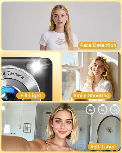 Digital Camera, 44MP FHD 1080P Digital Point and Shoot Camera with Anti Shake, Smile Capture 16X Zoom,Compact Small Camera for Teens Girls Kids Adults thumbnail 6