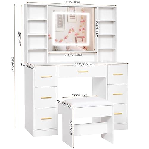 ANWBROAD Vanity Desk Table with Lighted Mirror 39.4“ Girls Makeup Vanity with Power Outlet 3 Colors Lighting Adjustable Brightness Vanity Table for Women Bedroom Dressing Room White UBDT65W thumbnail 3