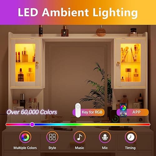 White Makeup Vanity Desk with Mirror and Lights, Large Vanity Table Set with Charging Station, Dressing Table with RGB Cabinets, Makeup Vanity Mirror with Light Desk and Drawers, 3 LED Lights Modes thumbnail 6