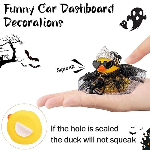 wonuu Halloween Rubber Duck Tiny Spider Car Ornaments Duck Car Dashboard Decorations for Cute Car Accessories with Dress Heart Shape Sunglasses, Black Sparkly Skirt thumbnail 6