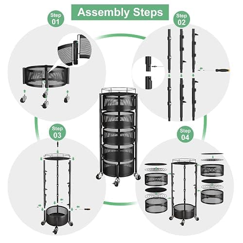 SAYZH Fruit Vegetable Basket for Kitchen, Rotating Storage Rack, 5 Tier Rolling Cart with top lid, Large Metal Wire Wheels, Black thumbnail 7
