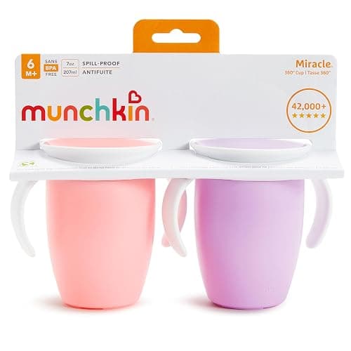 Munchkin Sippy Cup for 6 Month Old and Up, Spill Proof Miracle 360 Toddler Cups with Transition Handles, 7 Ounce, 2 Pack, Pink/Purple thumbnail 5
