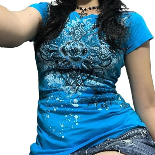 Y2k Fairy Grunge Clothes for Women Emo 2000s Skull Skeleton Print Tees Shirts Fairycore Vintage E-Girls Clothes thumbnail 2
