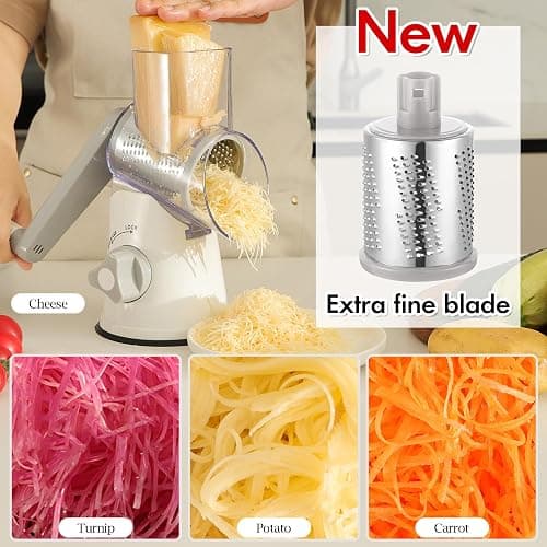 Ourokhome Rotary Cheese Grater Hand Crank, Kitchen Shredder Speed Mandolin Slicer Ice Shaver with Handle and Drum Blades for Cheese, Vegetable, Nuts, Chocolate, Potato, Carrot, 5 Blades, White thumbnail 5