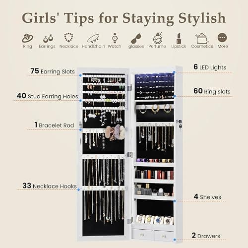 DUMOS 6 LEDs Mirror Jewelry Cabinet, Wall or Door Mounted Jewelry Organizer, 47.2-Inch Tall Lockable Large Capacity Cosmetic Storage, Gift Idea thumbnail 3