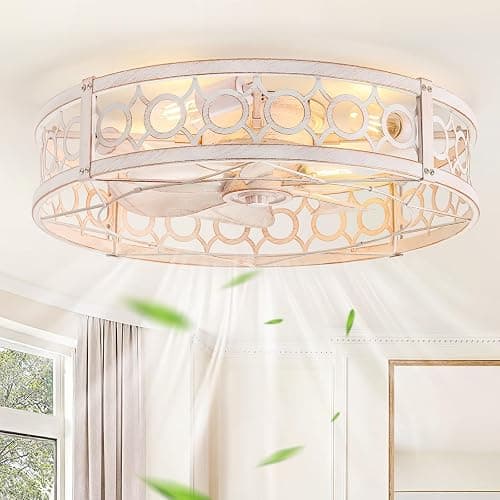 LEDIARY 23 Inch Caged Flush Mount Ceiling Fans with Lights, White Gold | Low Profile, Farmhouse, Bladeless Enclosed Fandelier, Small, 6 Speed, Quiet Powerful DC, Bedroom, Kitchen, Living Room, - Image 1