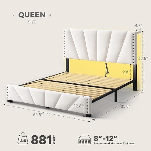 EnHomee Queen Bed Frame and Headboard, Velvet Upholstered Bed Frame Queen Size with Charging Station and LED Lights, Platform Bed Frame for Bedroom, Apartment, Dorm, Noise-Free, Easy Assembly, Beige thumbnail 2