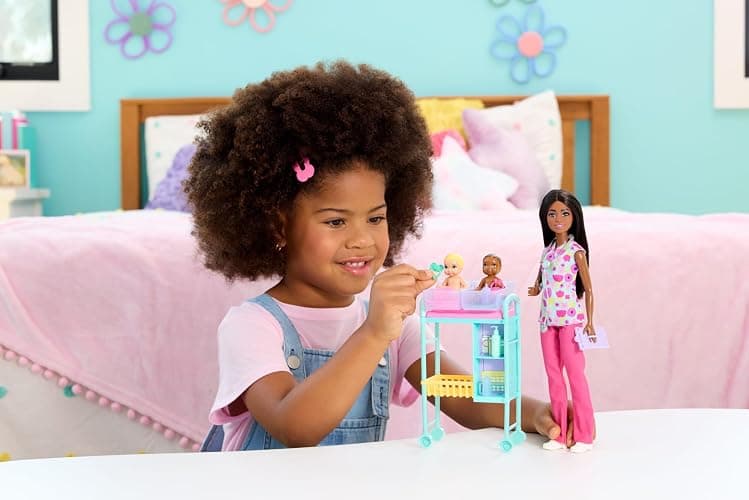 Barbie Careers Baby Doctor Playset with Brunette Doll Wearing Scrubs, 2 Baby Dolls, Examination Table & Accessories thumbnail 2
