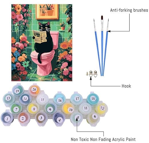 Black Cat Paint by Number Kits for Adults, Cat Sit on Toilet Adult's Painting by Numbers on Canvas, DIY Flowers Acrylic Watercolor Oil Colorful Art Crafts for Adults 16 * 20in thumbnail 3