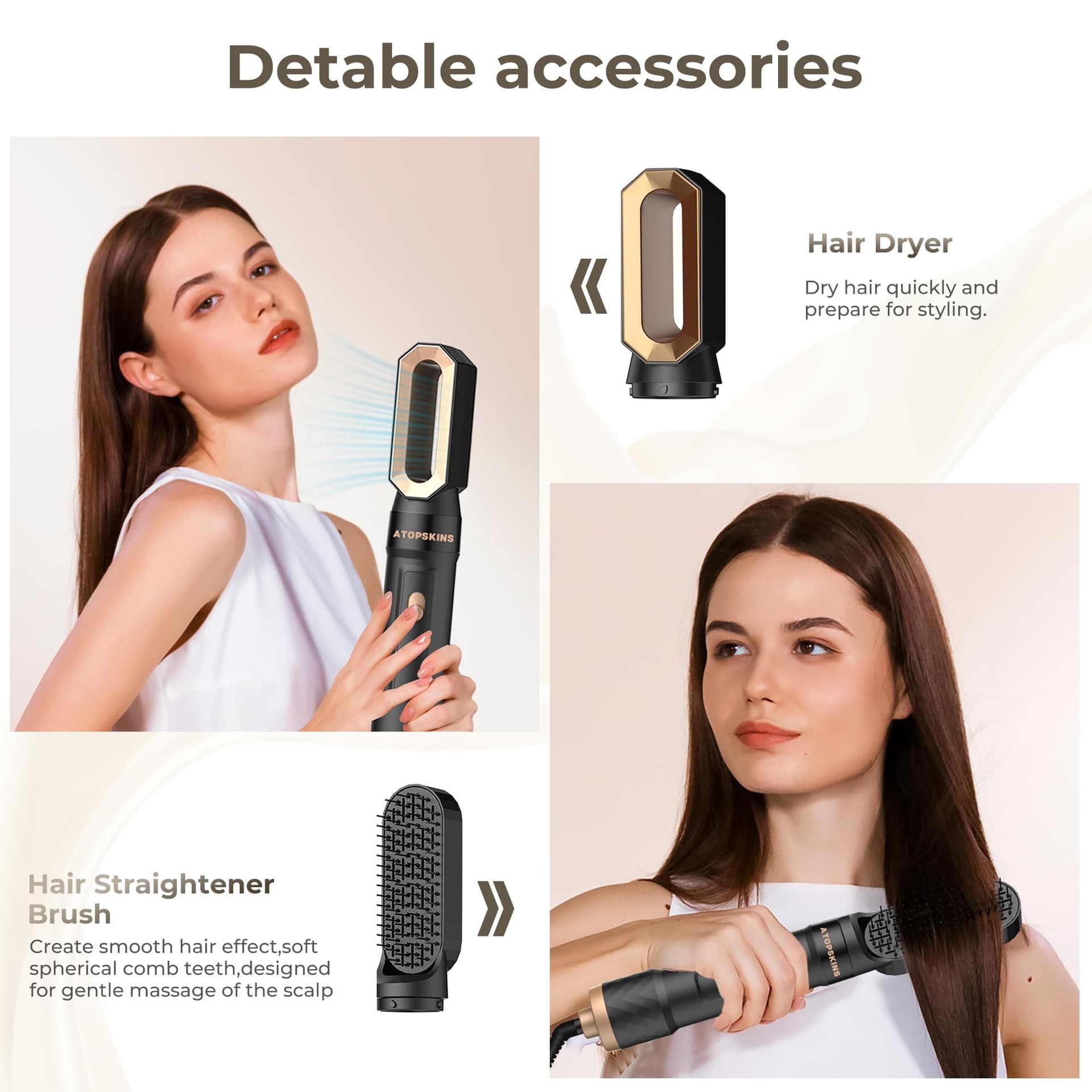 Haardrogerborstel, 6-in-1 Air Styler, 1000 W, föhnborstel met haardroger, ronde borstel, luchtkrultang, stijlborstel voor haar, zwart thumbnail 6