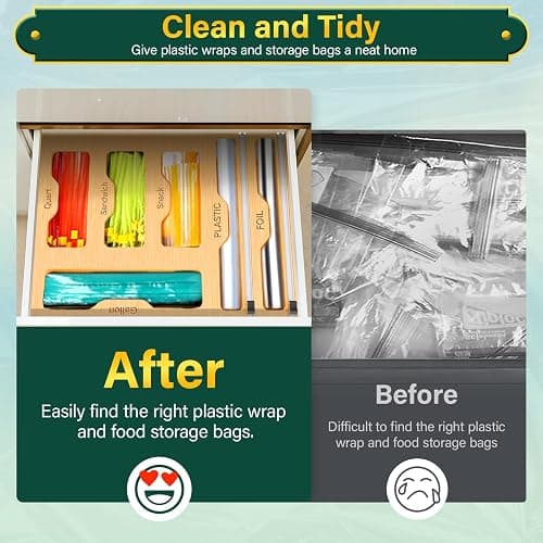 KOCWELL Bag Organizer and Plastic Wrap Dispenser with Cutter, 6 In 1 Bamboo Foil and Plastic Wrap Organizer for Kitchen Drawer, Food Storage Bag Organizer for Gallon,Quart,Sandwich,Snack(Yellow) thumbnail 5