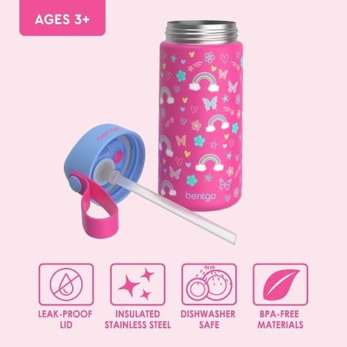 Bentgo® Kids Stainless Steel Insulated Water Bottle - Leak-Proof; Keeps Cool for 12 Hours; Durable, BPA-Free, Dishwasher Safe 14 oz. Cup for Ages 3+ for School/Sports/Daycare (Rainbows & Butterflies) thumbnail 6